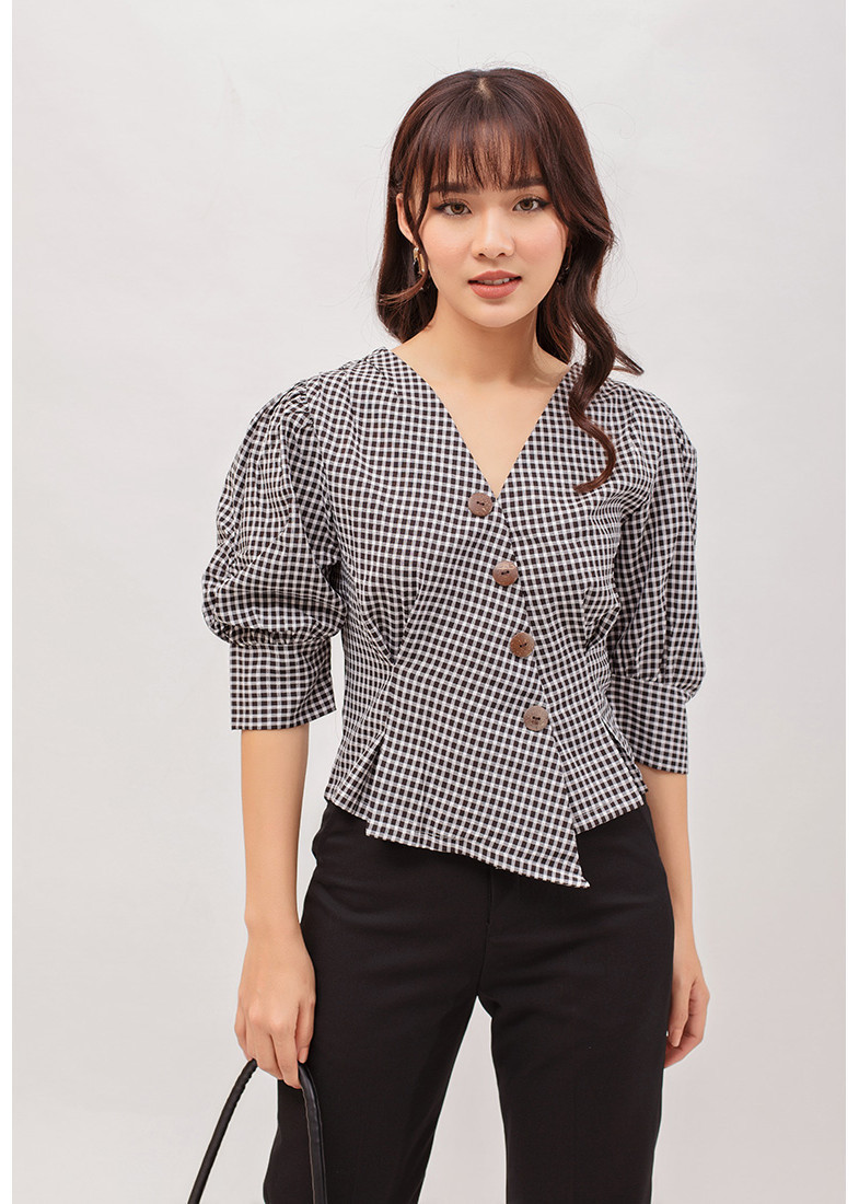 Áo Kiểu Thời Trang Eden Caro Dáng Ngắn Xếp Li Tay Rút. Kiểu dáng thời trang, nữ tính. Chất liệu mềm mại, không nhăn - ASM078