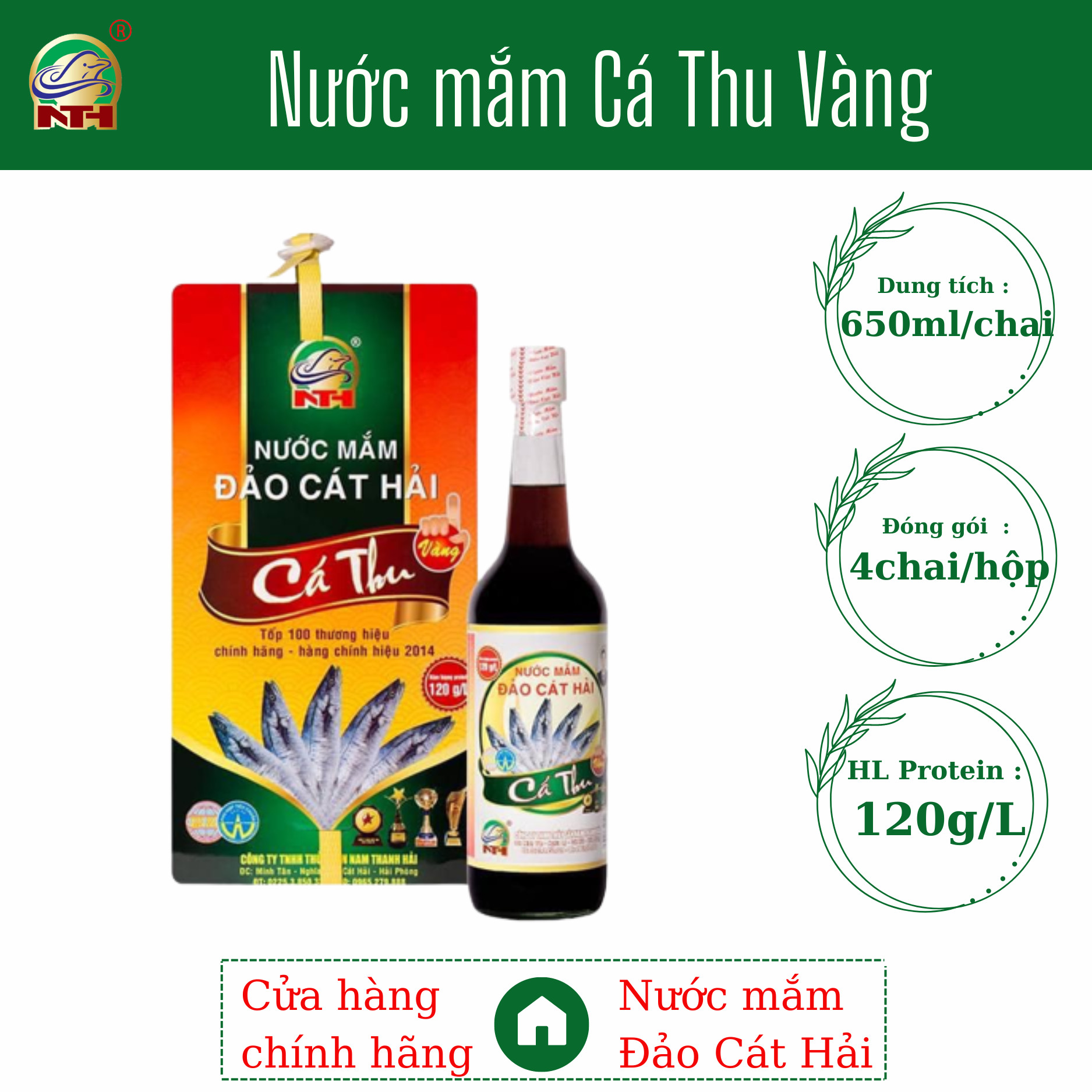 Hộp 4 chai Nước Mắm Cá Thu Vàng hàm lượng Protein cao, dung tích 650ml/1 chai