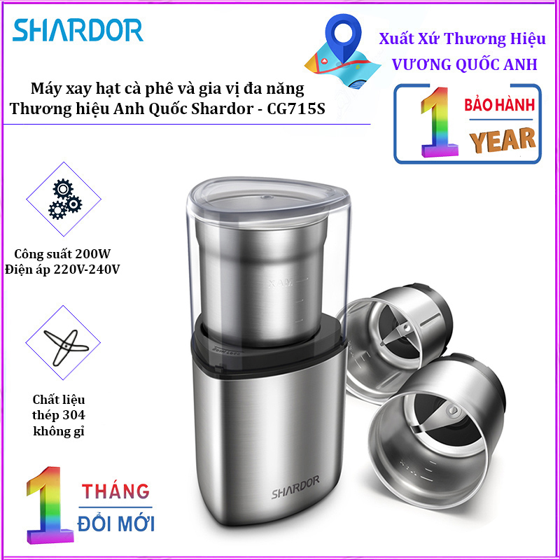 Máy xay hạt cà phê và gia vị đa năng cao cấp thương hiệu Shardor CG725S - Chất liệu: Thép không gỉ 304 - Công suất 200W - Hàng Nhập Khẩu