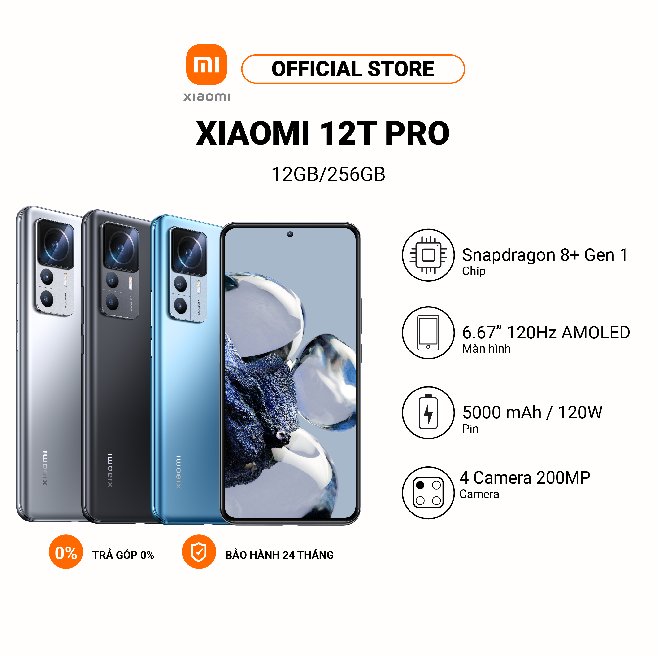 Điện thoại Xiaomi 12T Pro | Màn hình OLED FHD+ 120Hz | Snapdragon 8 Gen 1+ | RAM 12GB | Bộ nhớ trong 256GB - Hàng chính hãng