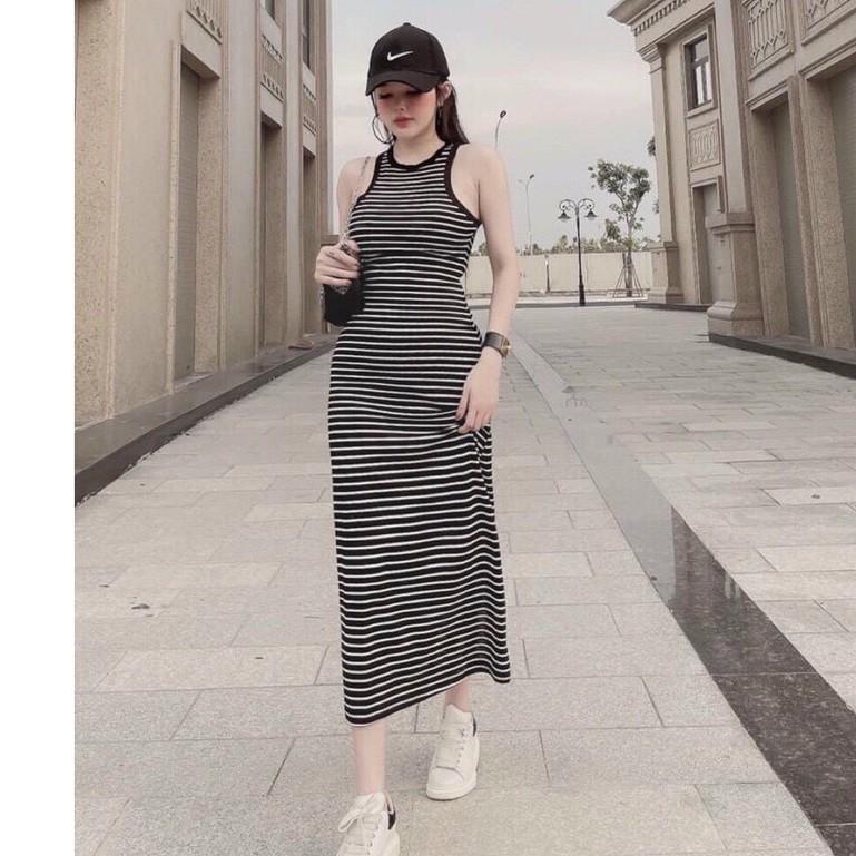 Free Ship- Đầm body ba lỗ sọc ngang dáng dài maxi/ Đầm body maxi Nữ chất Thun gân dày dặn CHUCHACLOTHING