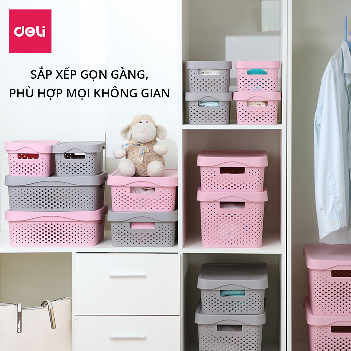 Giỏ Nhựa Đựng Đồ Đa Năng Có Nắp Đậy Cao Cấp Deli - Đựng Sách Vở Đồ Cá Nhân Mỹ Phẩm Quần Áo Chăn Gối Ga Mền - Nhiều Size, Kích Cỡ Lớn Nhỏ , Có Tay Cầm, Phong Cách Nhật Bản Đơn Giản, Tiện Dụng, Vật Liệu An Toàn