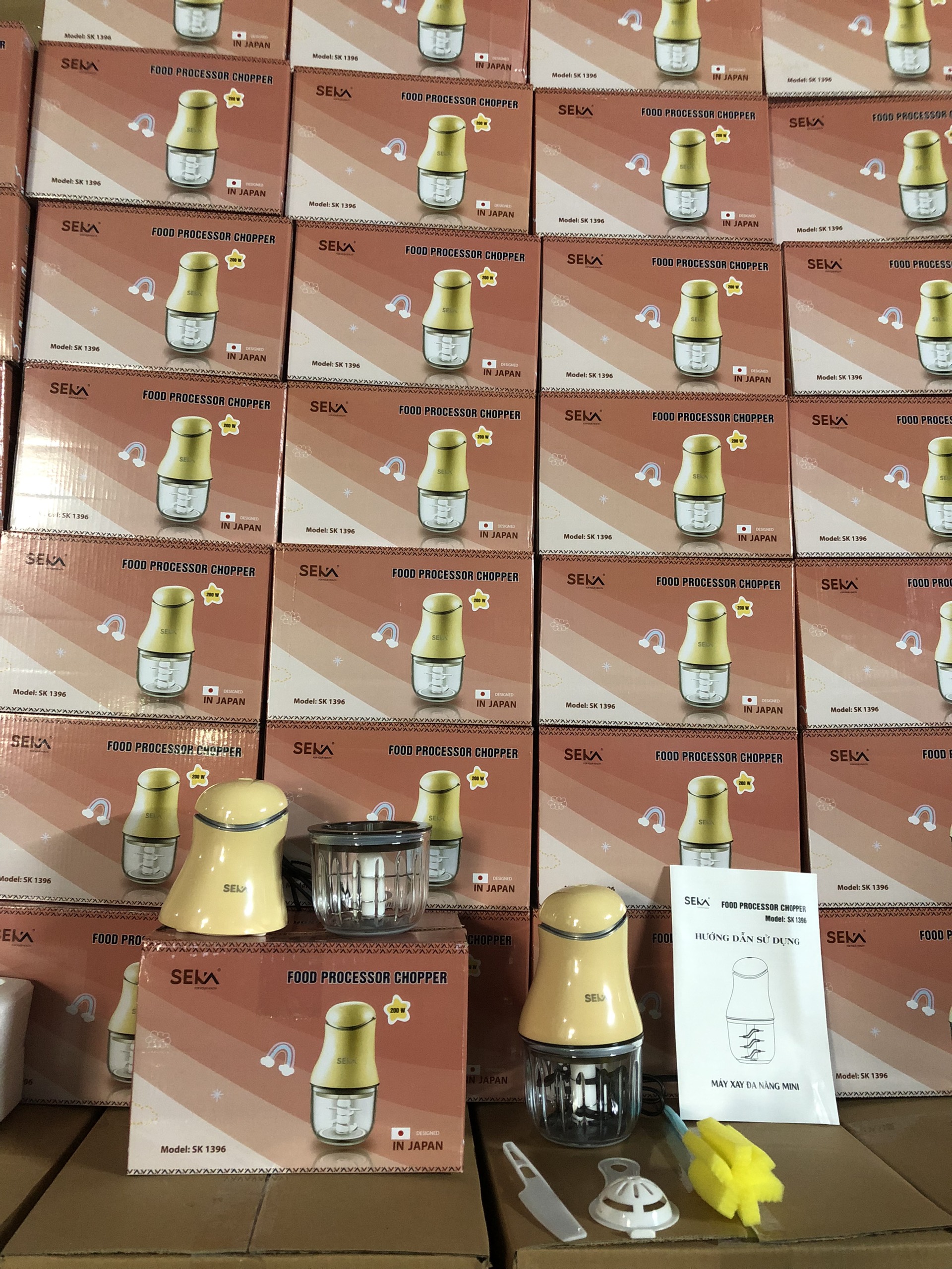 Máy Xay Cầm tay 6 lưỡi Cối thủy tinh, xay thịt cháo sinh tố tỏi ớt