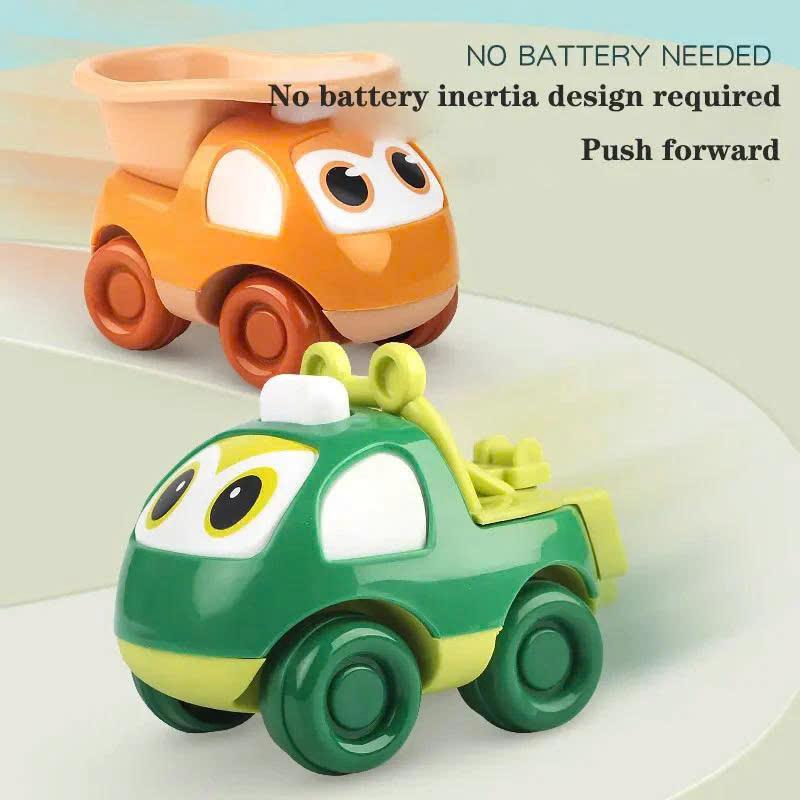 Set 4 ô tô quán tính mi ni dây cót hoạt hình mô tả xe công trình, xe kỹ thuật, xe thang, xe cứu hộ