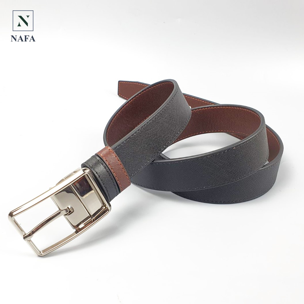 Thắt lưng da Saffiano cao cấp 2 màu dây, khóa kim xoay tiện lợi sang trọng NAFA BL120