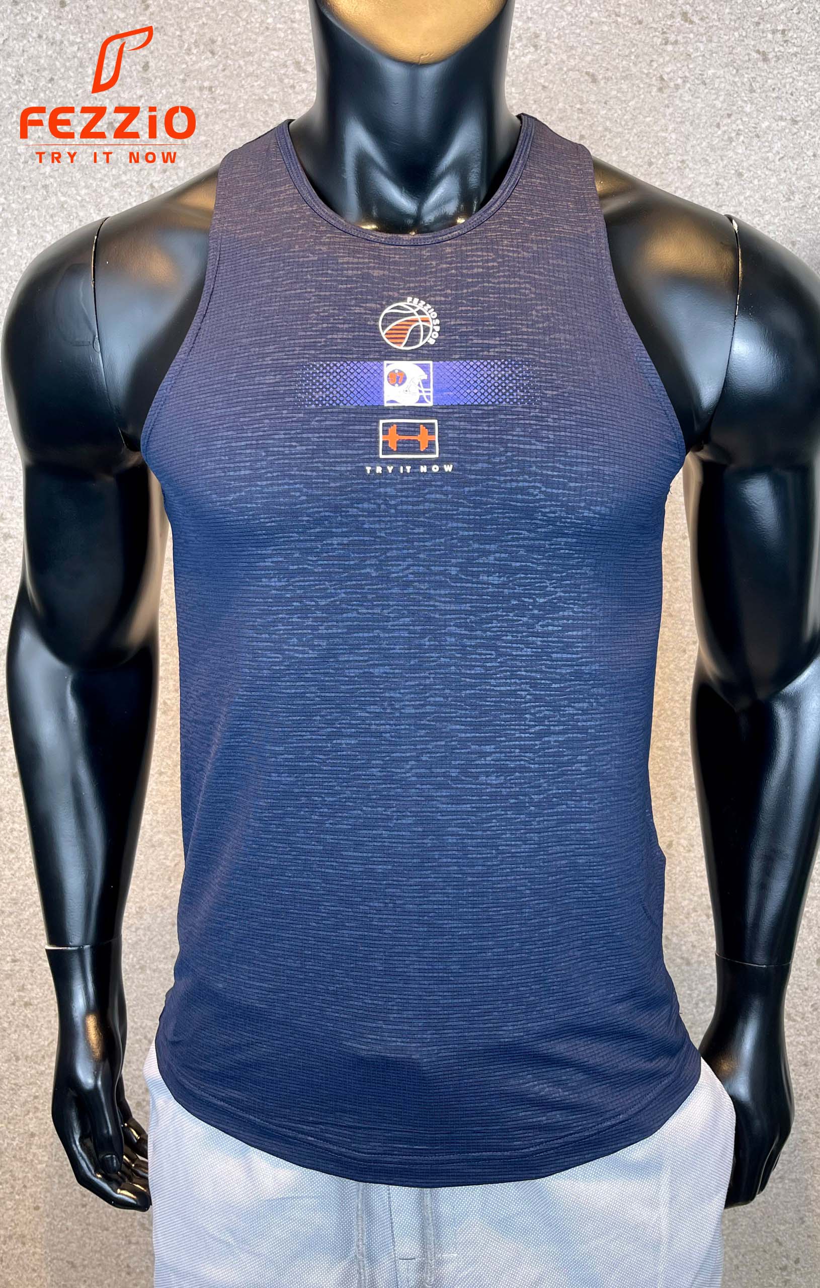 Áo 3 lỗ tập gym chất ríp cotton mềm mịn nhập khẩu thương hiệu Fezzio chính hãng – NAVY HỌA TIẾT – XL