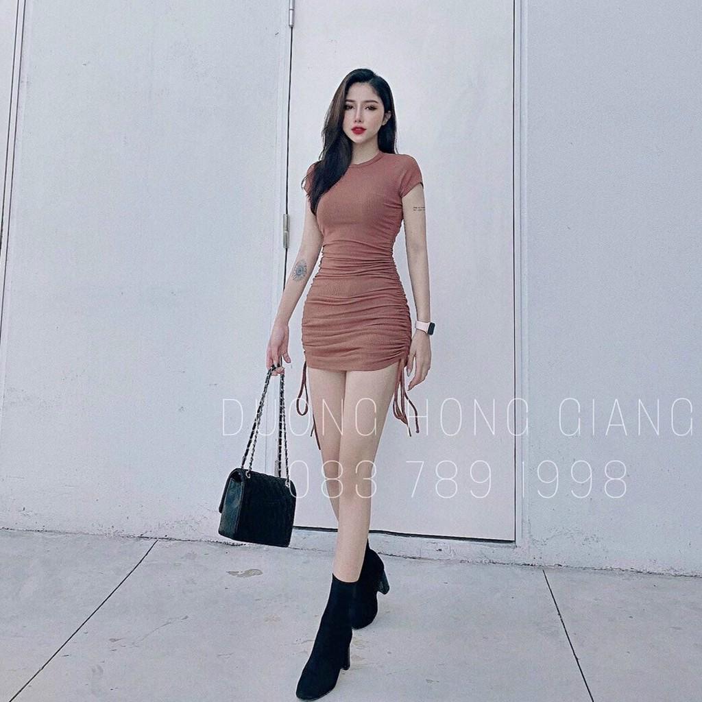 Đầm body nhún sườn dây cột nơ cổ tròn siêu hot