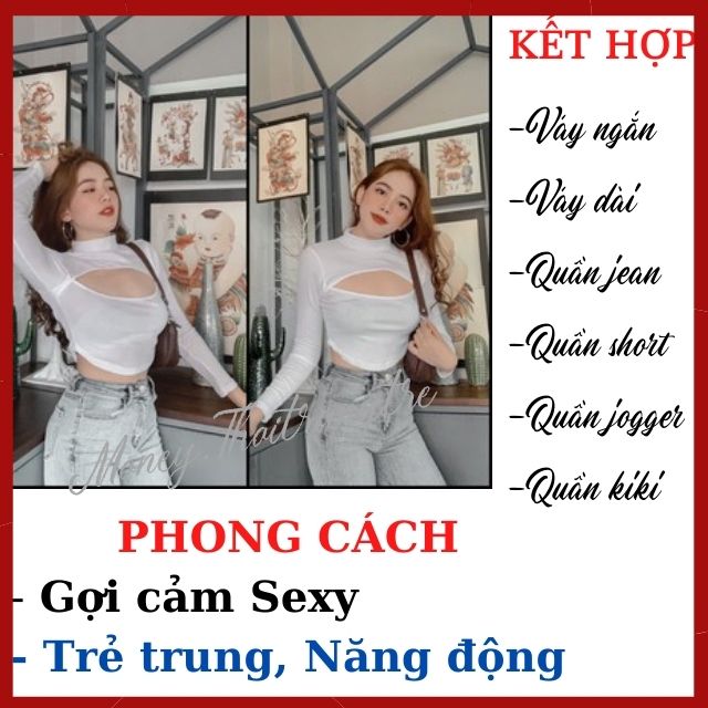 Áo Thun Croptop Nữ Hở Khoét Ngực Dài Tay Cổ Lọ Màu Đen Xanh Cam Đỏ-Áo CRT Kiểu Hở Ngực Tay Dài Thun Gân Ngắn Sexy