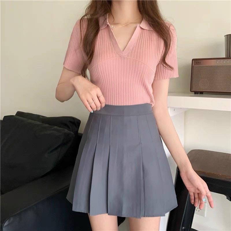 Áo thun nữ croptop polo len tăm kiểu cổ v tay ngắn đẹp - Áo đẹp hàng Quảng Châu cao cấp