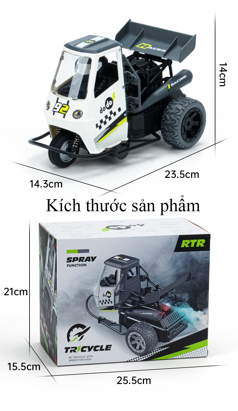 Đồ chơi xe điều khiển từ xa Tuk Tuk có âm thanh, đèn servo điều tốc kết hợp nhả khói tần số 2.4 Ghz tỷ lệ 1:16