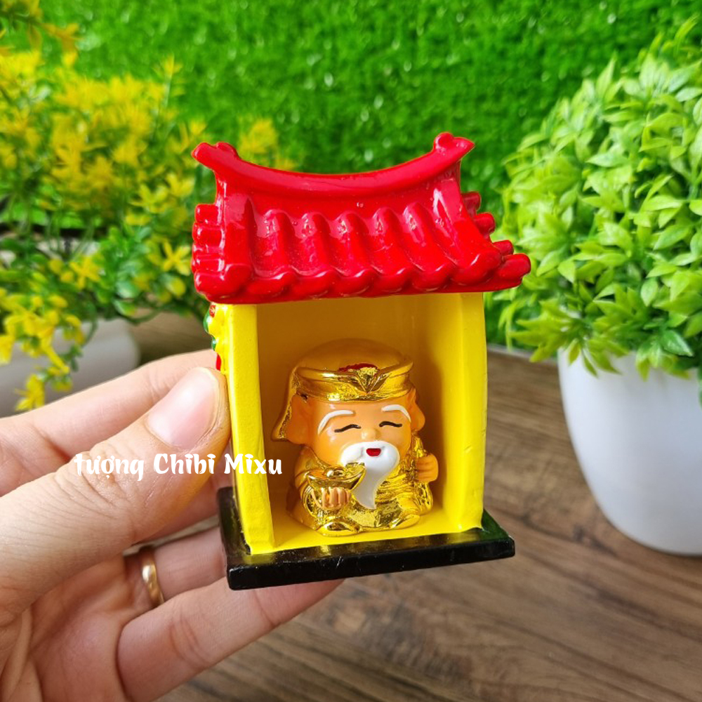 Miếu Thần Tài 275K (gồm Miếu size nhỏ + tượng xi 3.4cm + lư và chung cúng đất sét + đế vuông) ban thờ trang trí