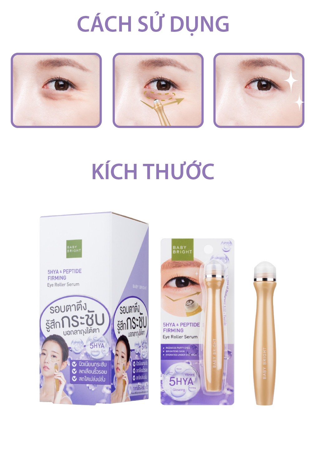 Cây lăn mắt chống nhăn mắt Baby Bright 5Hya &amp; Peptide Firming Eye Roller Serum 15ml