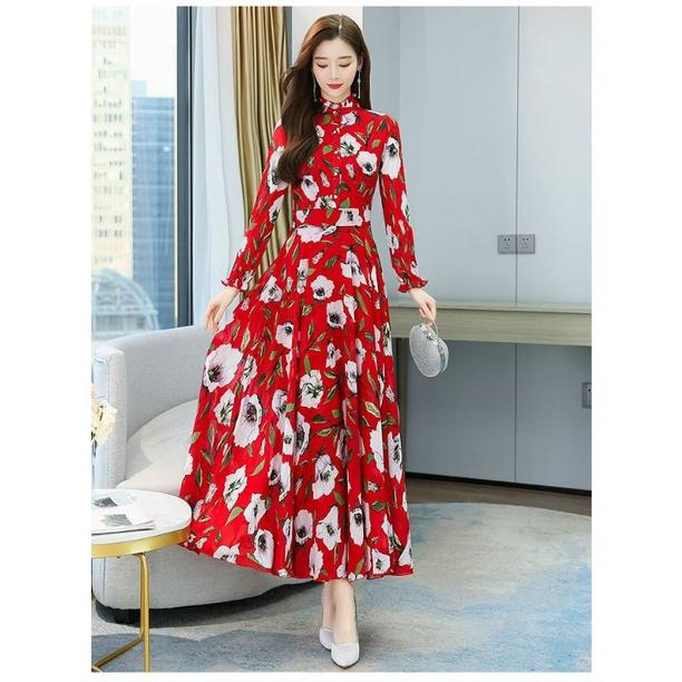 HÀNG NHẬP - ĐẦM MAXI VOAN ĐỎ HOA CỔ TRỤ TAY DÀI