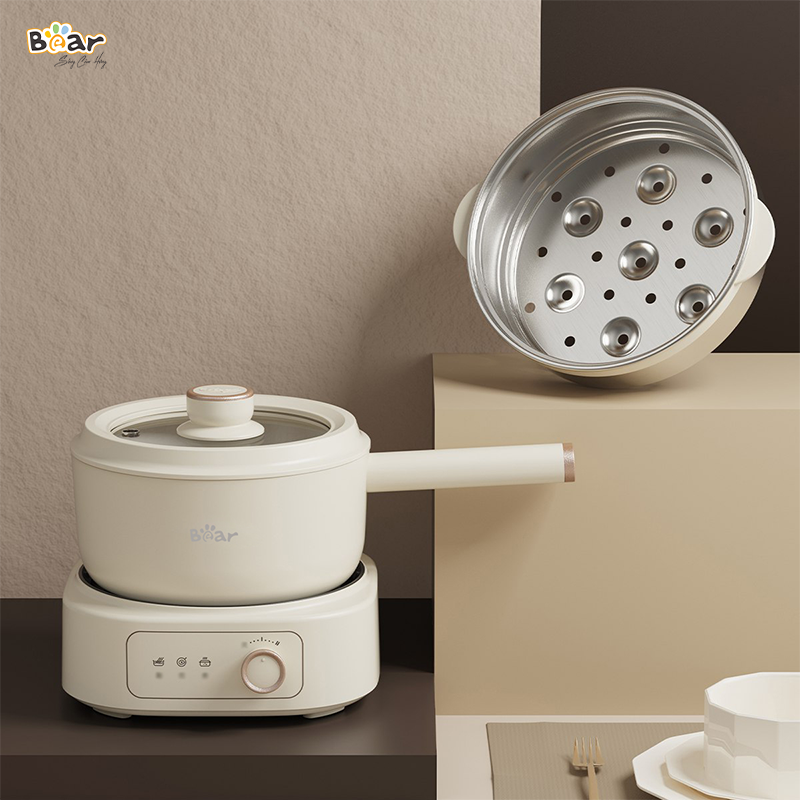 Bộ Bếp Điện Đơn Kèm Nồi Đa Năng 2.5L Bear Có Xửng Hấp, Nấu Lẩu Mini Siêu Chống Dính Đế Rời Sôi Cực Nhanh SB- NL25L - Hàng Chính Hãng