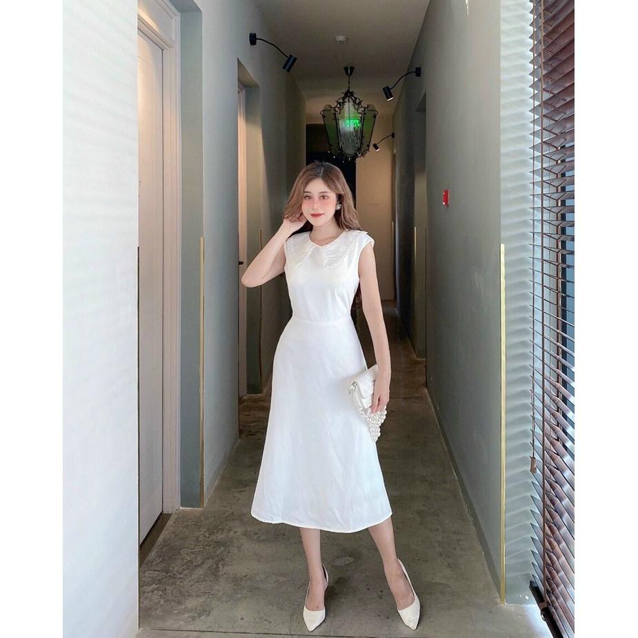 ĐẦM THIẾT KẾ DỰ TIỆC TRẮNG CỔ PHỐI RENG HỞ LƯNG - Hình Shop Chụp Thật