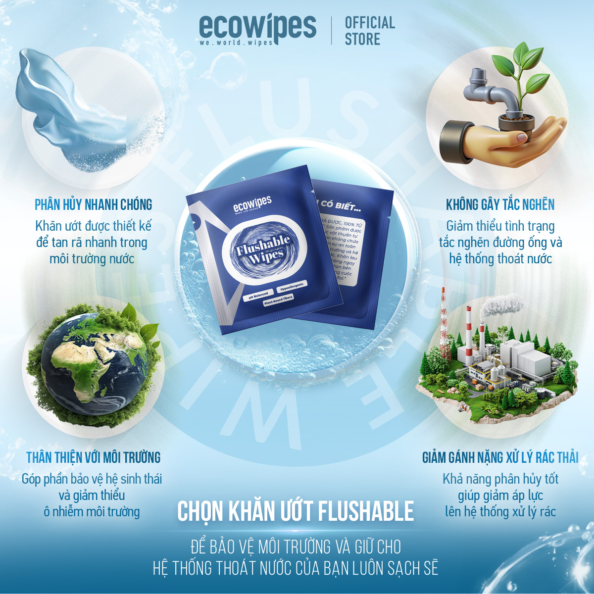 Khăn Ướt Flushable EcoWipes Gói 1 Tờ Khăn Lau Vệ Sinh Tự Phân Hủy Trong Nước