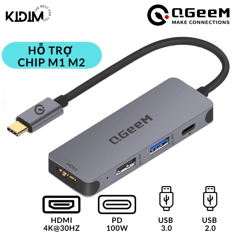 Hub Chuyển Đổi QGeeM Type C 4 trong 1 hỗ trợ chip M1 M2 Type C(Thunderbolt 3) sang HDMI 4K, 1 x USB-C sạc nhanh PD 100W, 1xUSB 3.0, 1xUSB 2.0 - Hàng Chính Hãng