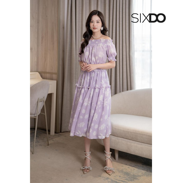 Đầm midi chiffon dáng xòe trễ vai chun eo thời trang SIXDO