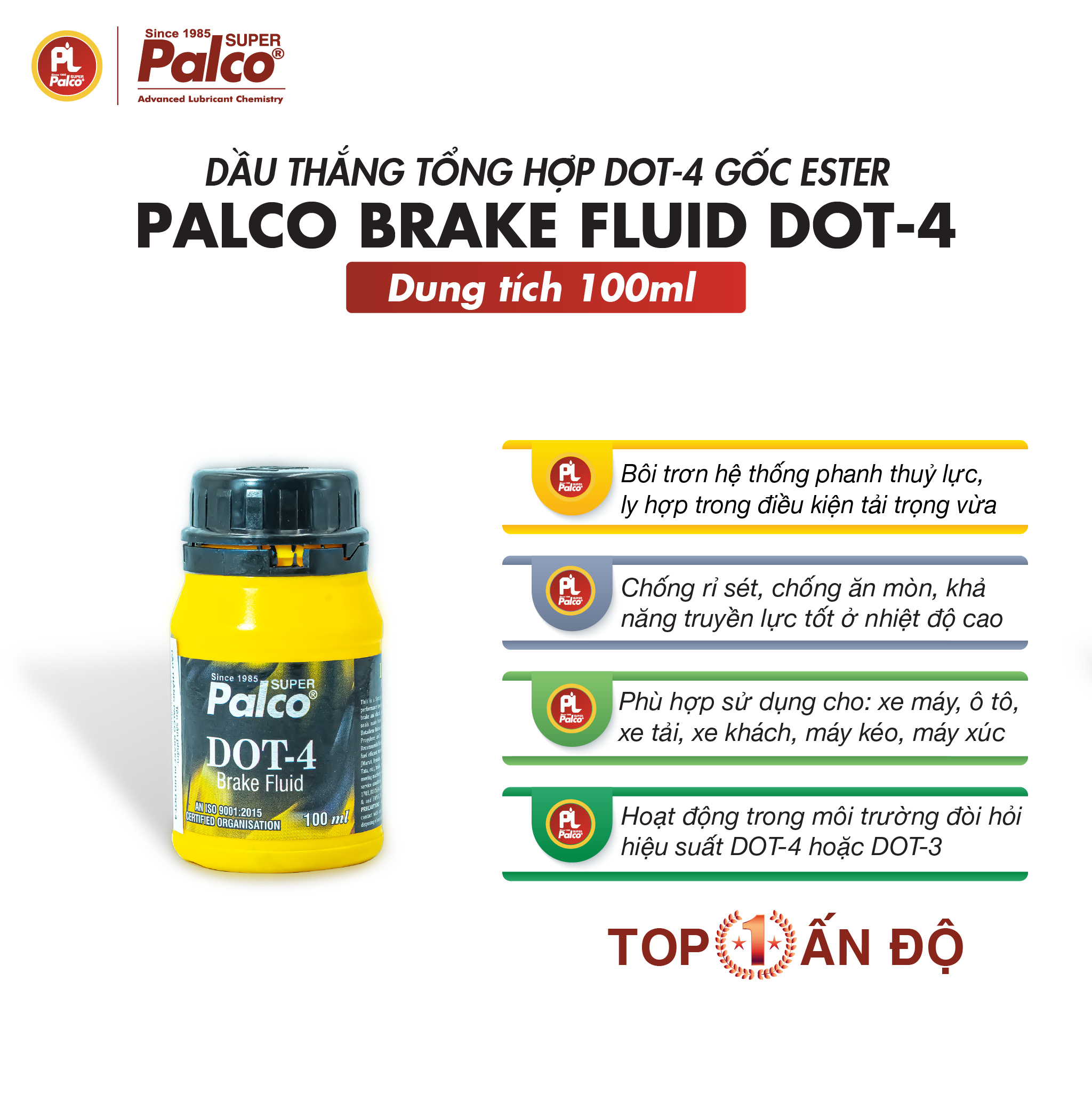 Dầu thắng đĩa xe máy tổng hợp gốc ester PALCO Brake Fluid Dot-4 - Nhập khẩu Ấn Độ