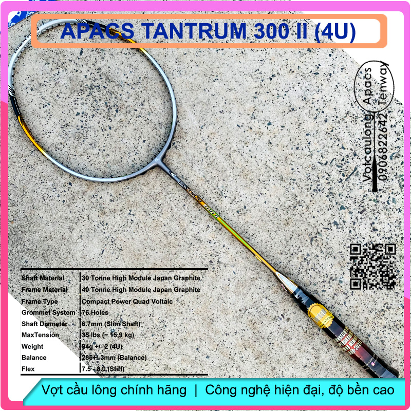 Vợt cầu lông Apacs Tantrum 300 II - 4U | Vợt cân bằng công thủ, thân đũa công nghệ mới, kiểm soát cầu tốt, chịu lực đan lưới cao