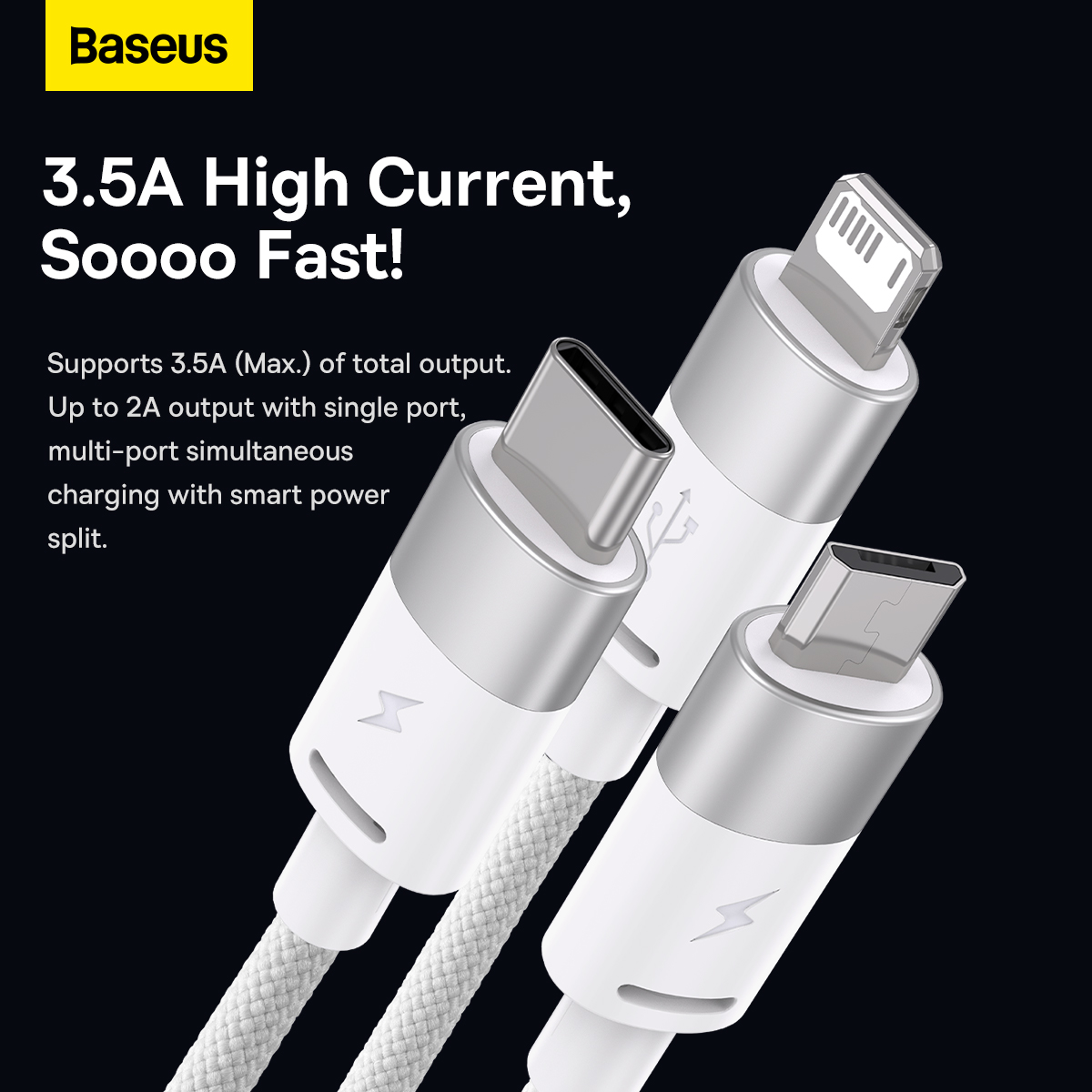 Cáp sạc 3 đầu Baseus StarSpeed 1 for 3 Fast Charging Data Cable USB to M+L+C 3.5A - Hàng chính hãng