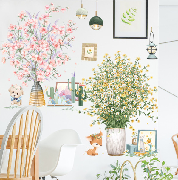 Decal trang trí tường - Hoa cúc trắng vàng và hoa hồng nhạt