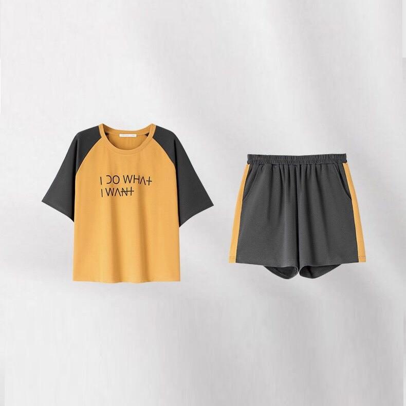 Bộ mặc nhà nữ thun cotton tay phối màu trẻ trung
