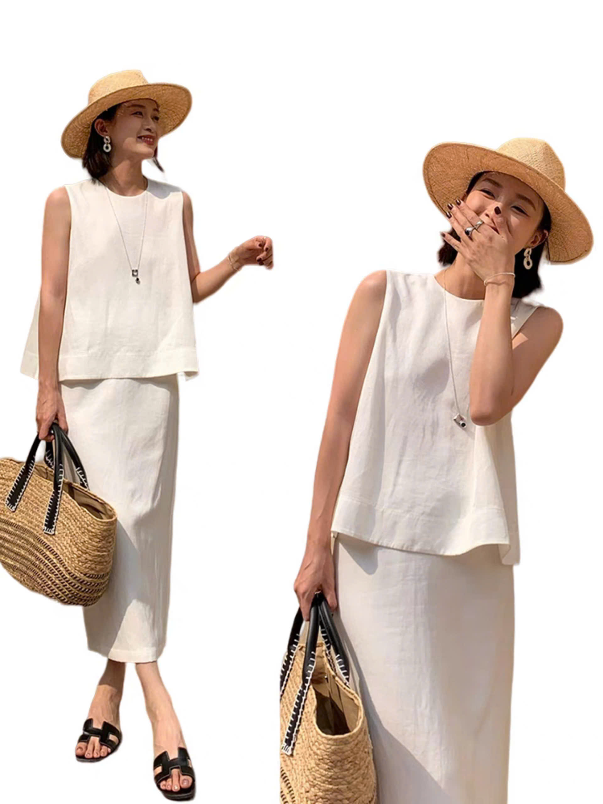 Set Chân Váy Dài Phối Áo Gile Trơn Chất Liệu Linen Cao Cấp Phong Cách Hàn Quốc