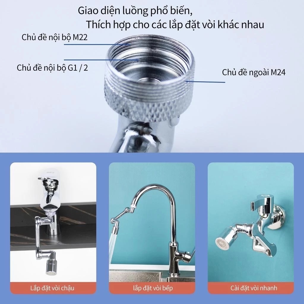 Loại Inox, Đầu Nối Vòi Nước Xoay 1080 Độ, Đầu Vòi Nước Thông Minh Lắp Bồn Rửa Mặt, Bồn Rửa Chén - Hàng Nhập Khẩu