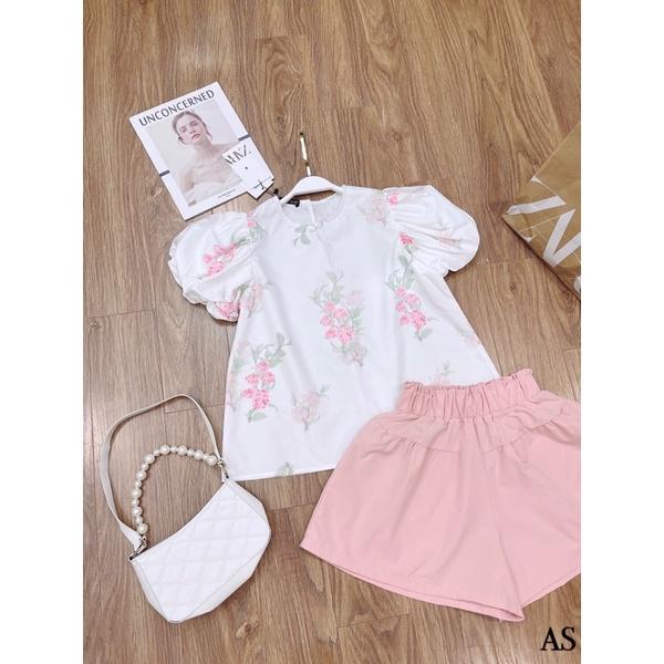 Set đồ bộ áo hoa tay bồng, quần đùi hồng tiểu thư