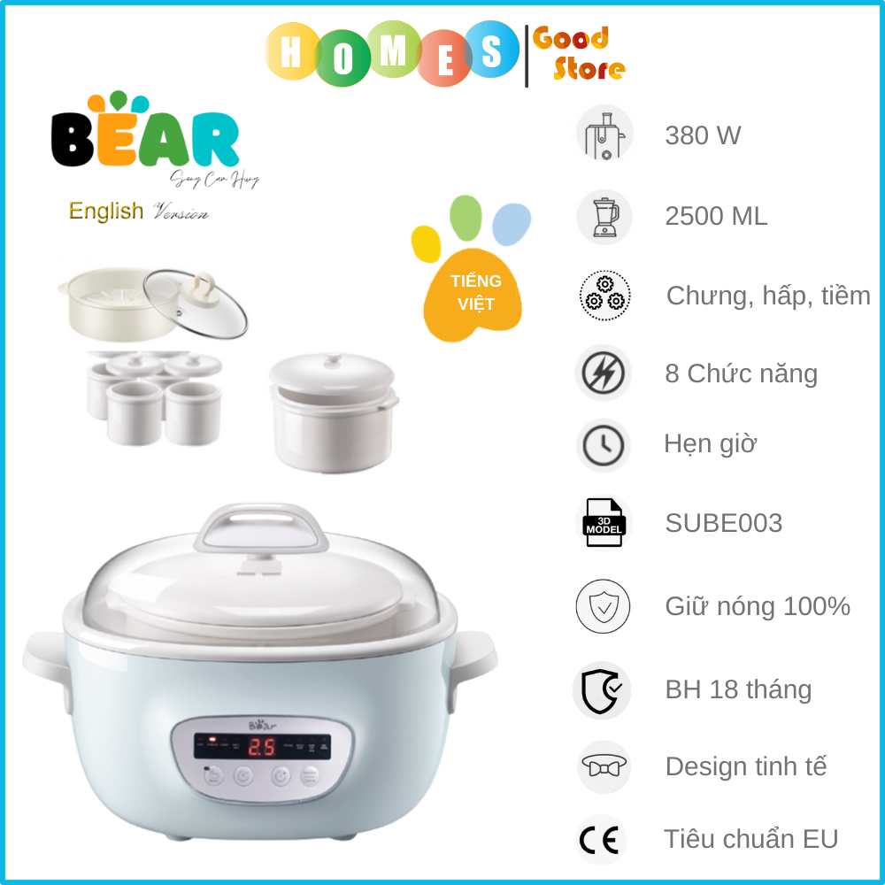 Nồi Kho Thịt, Nồi Chưng Yến, Nồi Nấu Chậm Bear SUBE003 - Bản Tiếng Việt Kèm Khay Hấp Và 5 Thố Dung Tích 2.5 Lít Công Suất 380 W- Hàng Chính Hãng