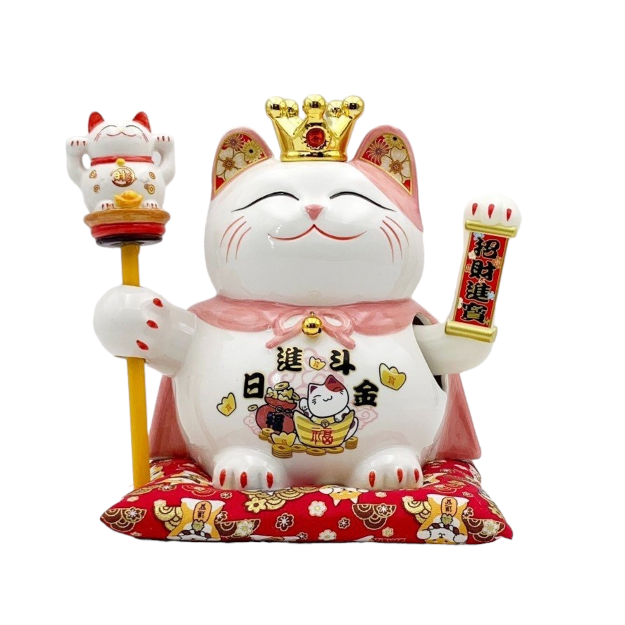MÈO THẦN TÀI, MÈO MAY MẮN MANEKI NEKO ĐỘI VƯƠNG MIỆN VẪY TAY CAO 21.5CM