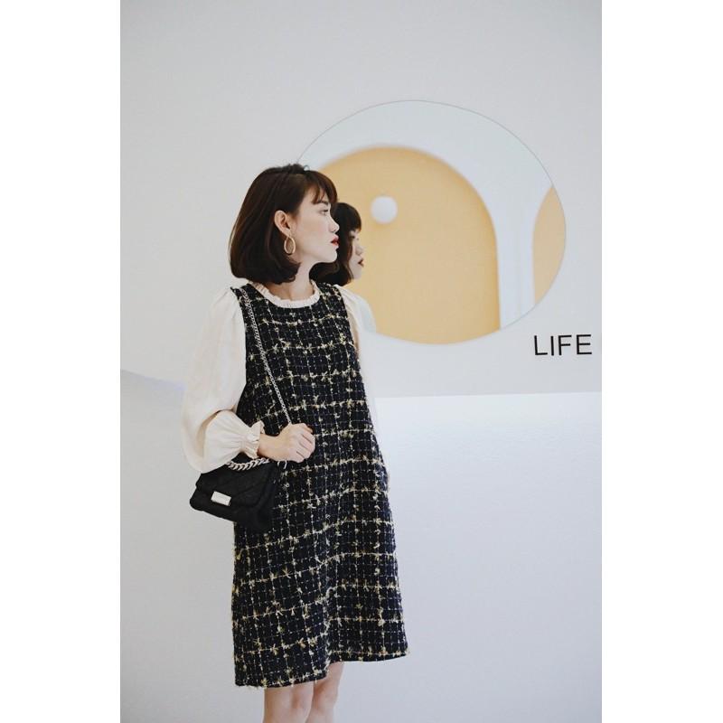 Đầm dạ tweed phối tay be