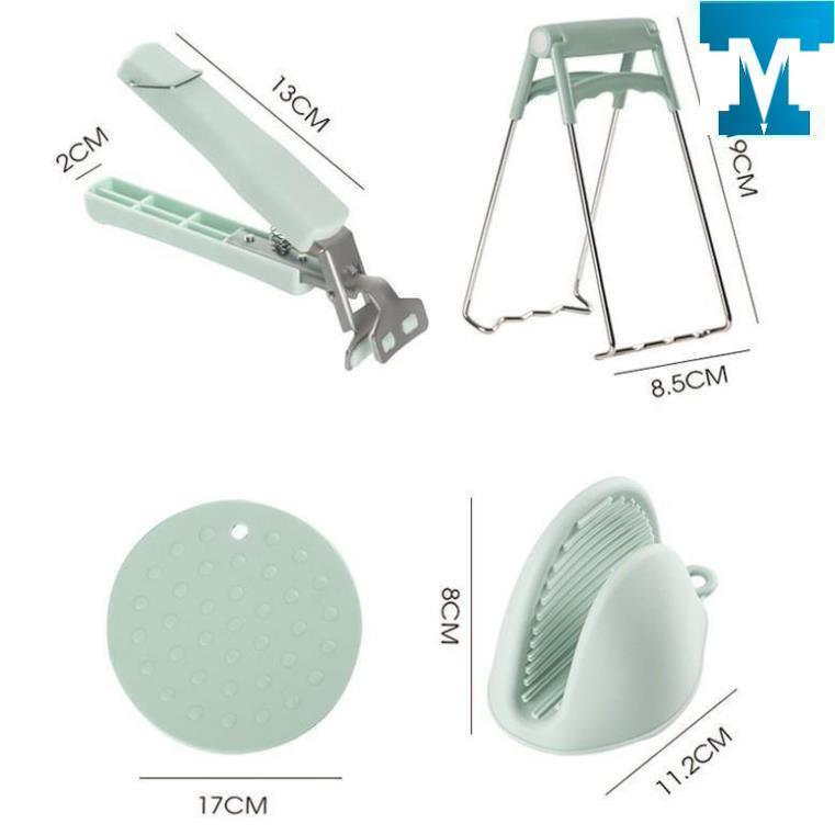 Bộ Dụng Cụ Kẹp Gắp Đồ Nóng Thức Ăn Đa Năng Inox Chống Bỏng Kèm Găng Tay, Miếng Lót Nồi Silicon