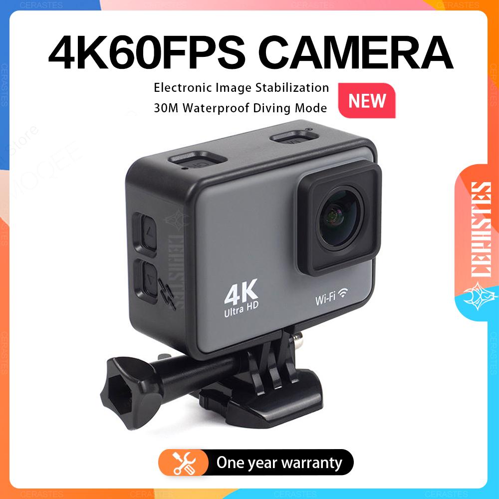 Camera hành động Cerastes 4K60fps với điều khiển từ xa WiFi, ổn định hình ảnh điện tử, phù hợp cho các môn thể thao lặn và ngoài trời.
