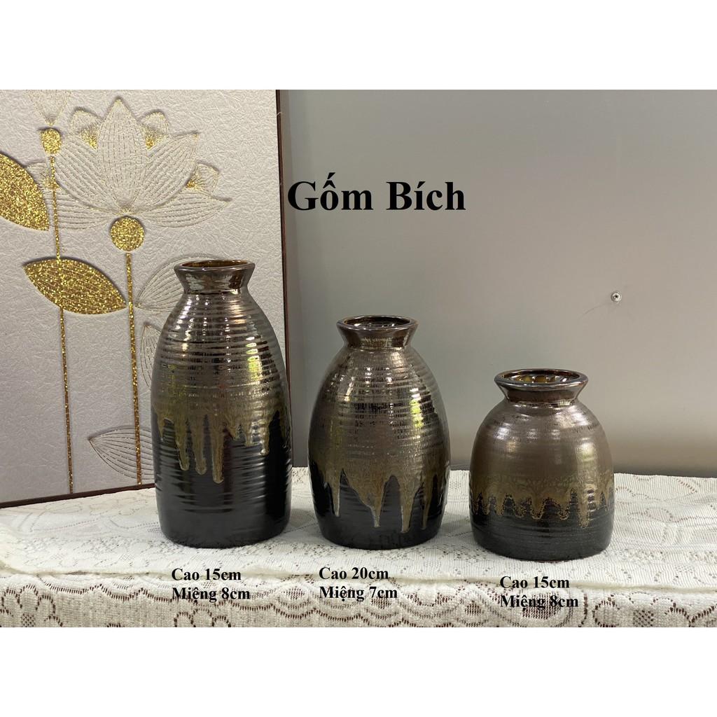 Set Bộ 3 Bình Hoa Dáng Nhỏ Men Xanh Hỏa Biến Gốm Sứ Bát Tràng - Gốm Bích