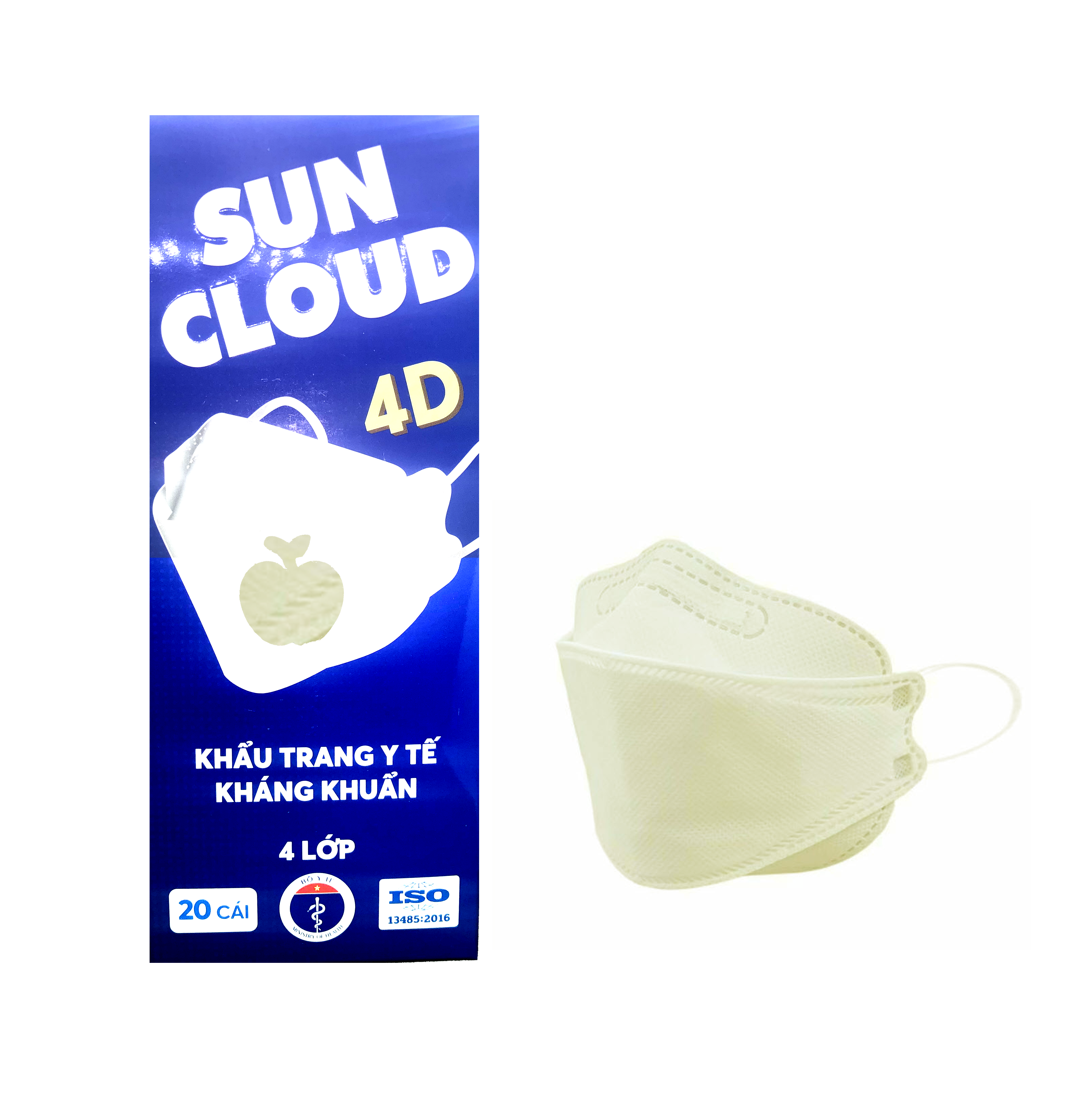 Khẩu Trang Y Tế Cao Cấp 4D SUN CLOUD (Hộp 20 Cái) - 99% Lọc Khuẩn, Bụi, Virus, Ôm Khít Mặt, Không Đau Tai, Không Lem Son