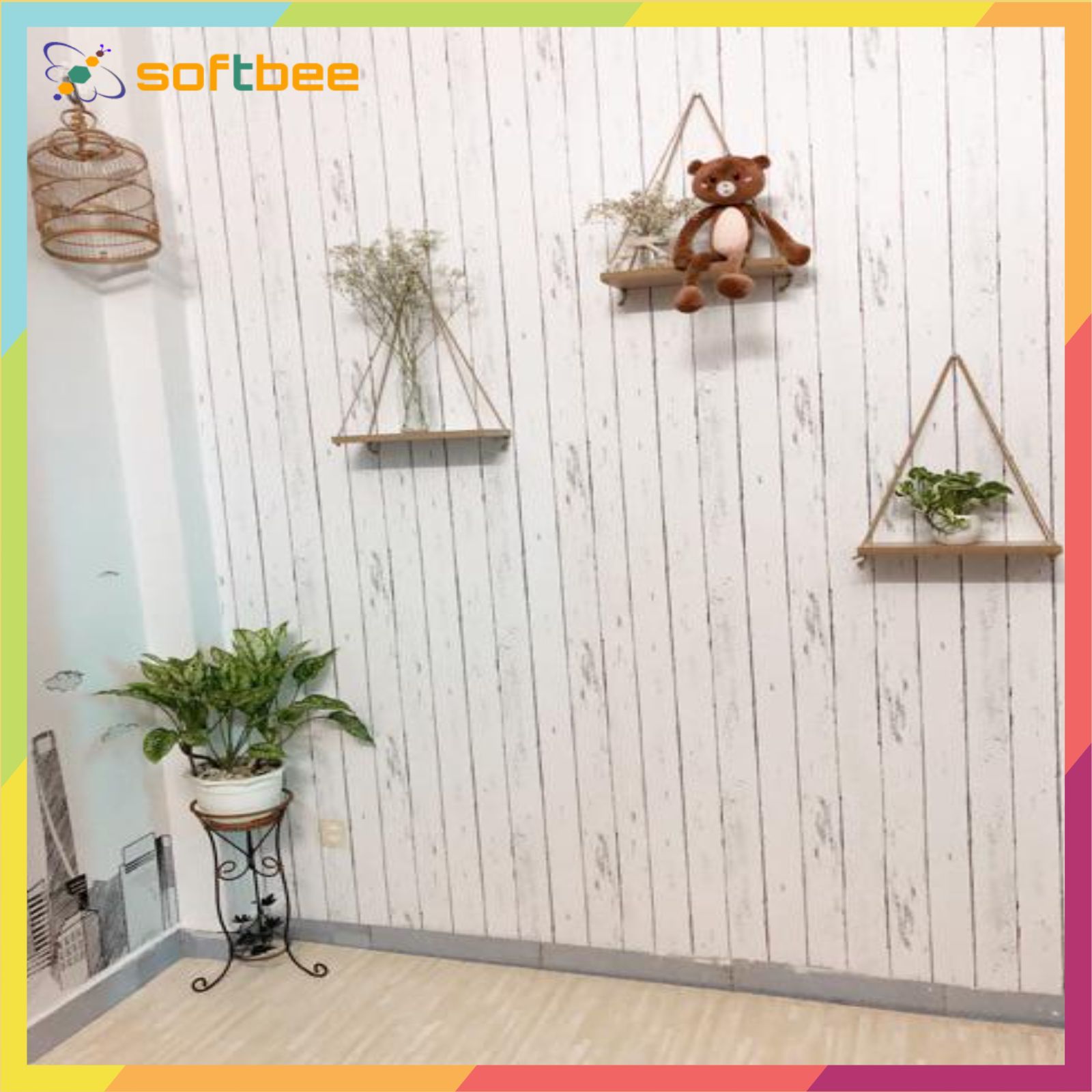 Giấy dán tường có keo sẵn, in hình gỗ sọc trắng, kích thước 0.45m x 10m / cuộn