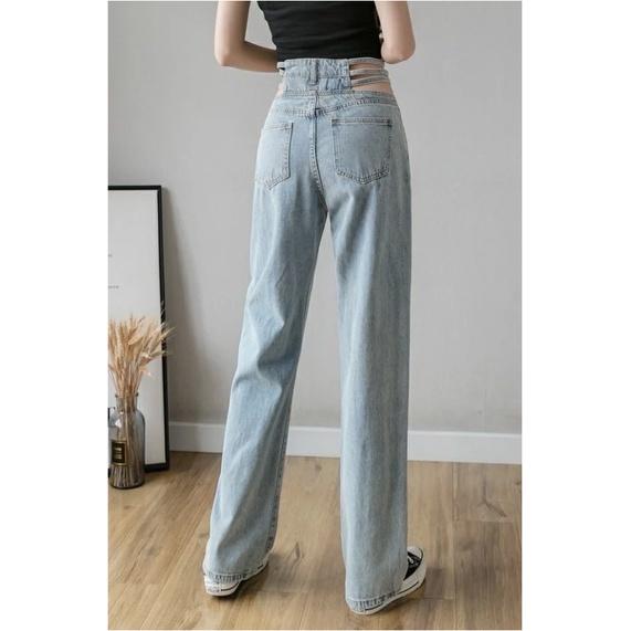 Quần jeans nữ ống rộng khoét eo đan dây