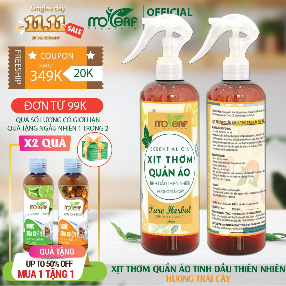 Xit Thơm Quân Áo Hương Trái Cây Moleaf giup lam phăng quân ao, khư mui âm môc vơi mui trai cây nhiêt đơi ngot ngao, thanh mat, co thê thay thê nươc xa vai, nươc hoa – Chai 250ml