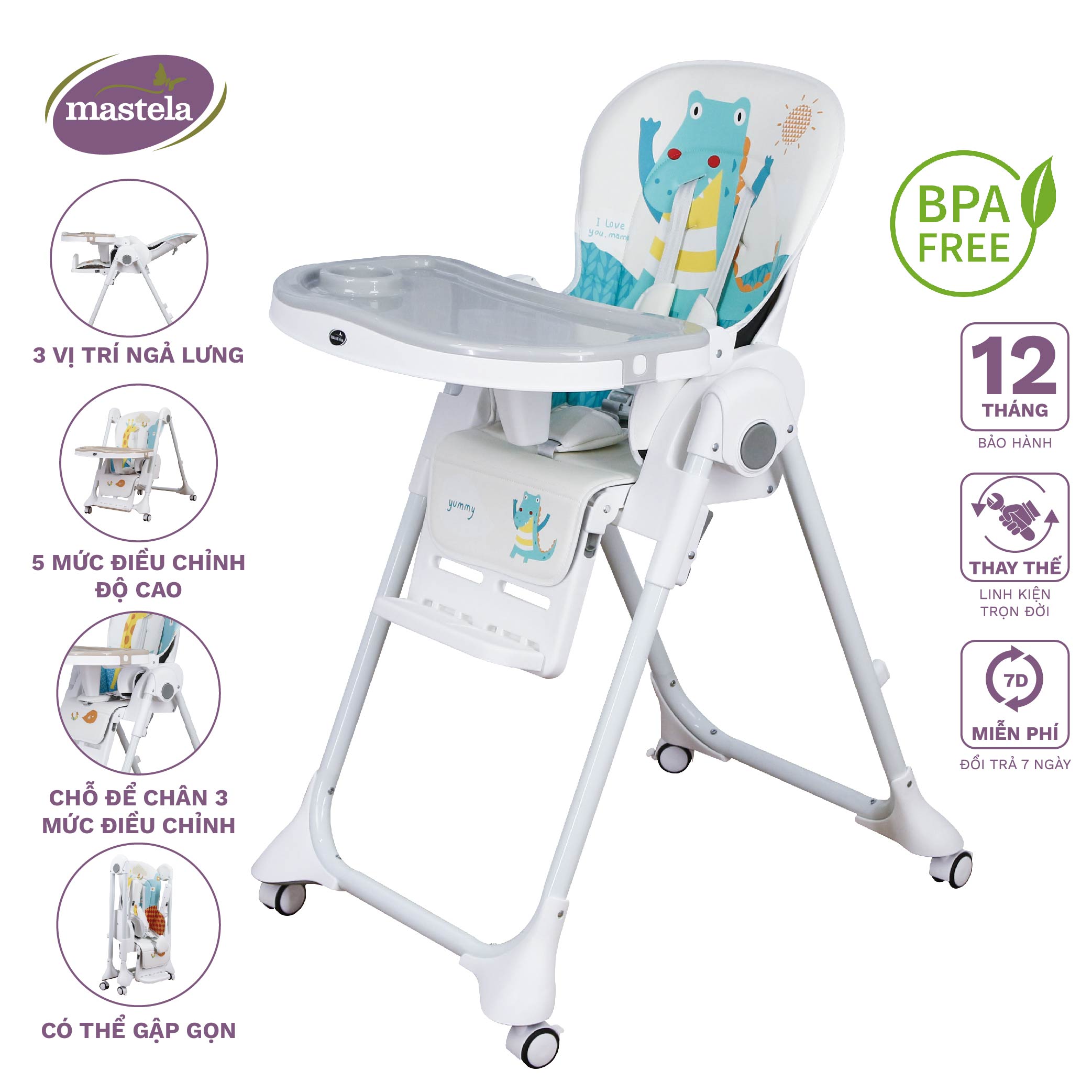 Ghế ngồi ăn dặm Mastela 1015 có thể điều chỉnh độ cao, ngả lưng, có bánh xe cho bé 6 tháng đến 5 tuổi chuẩn ASTM Mỹ