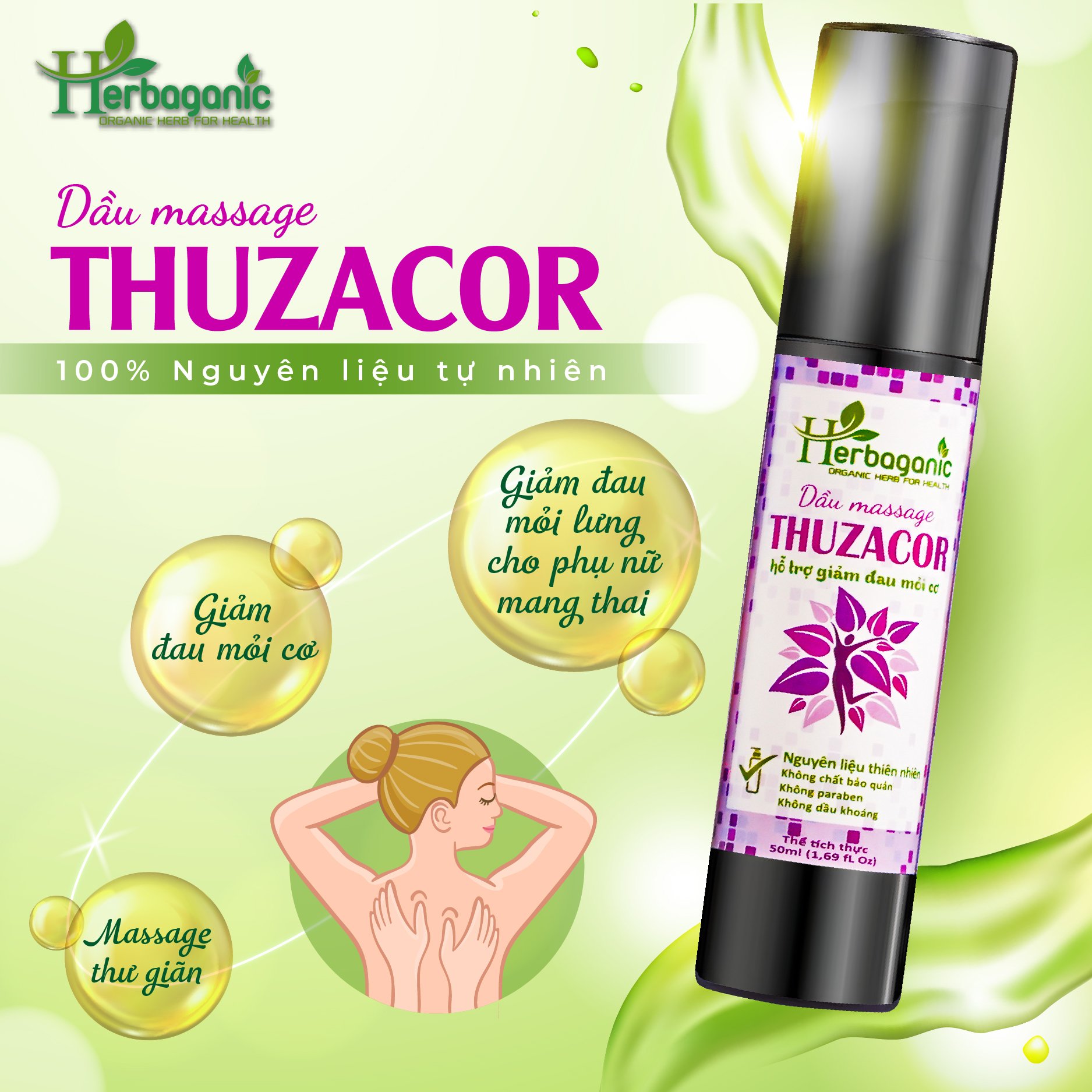 Tinh dầu xoa bóp giảm đau 50ml - Massage body giảm mỏi cơ, vai gáy, giảm đau lưng, dưỡng ẩm da - Thuzacor - Herbaganic