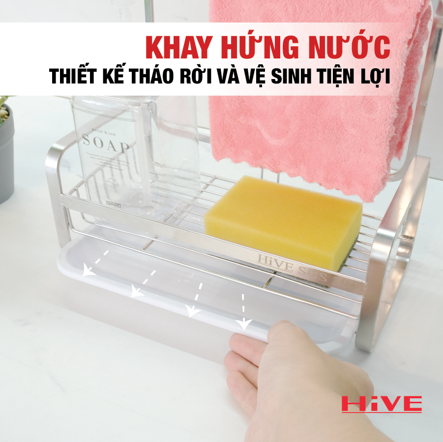 Rổ đựng dụng cụ rửa chén HiVE (NEW COLLECTION) Kèm Hộp nhựa + Khay nhựa + Miếng dán tường