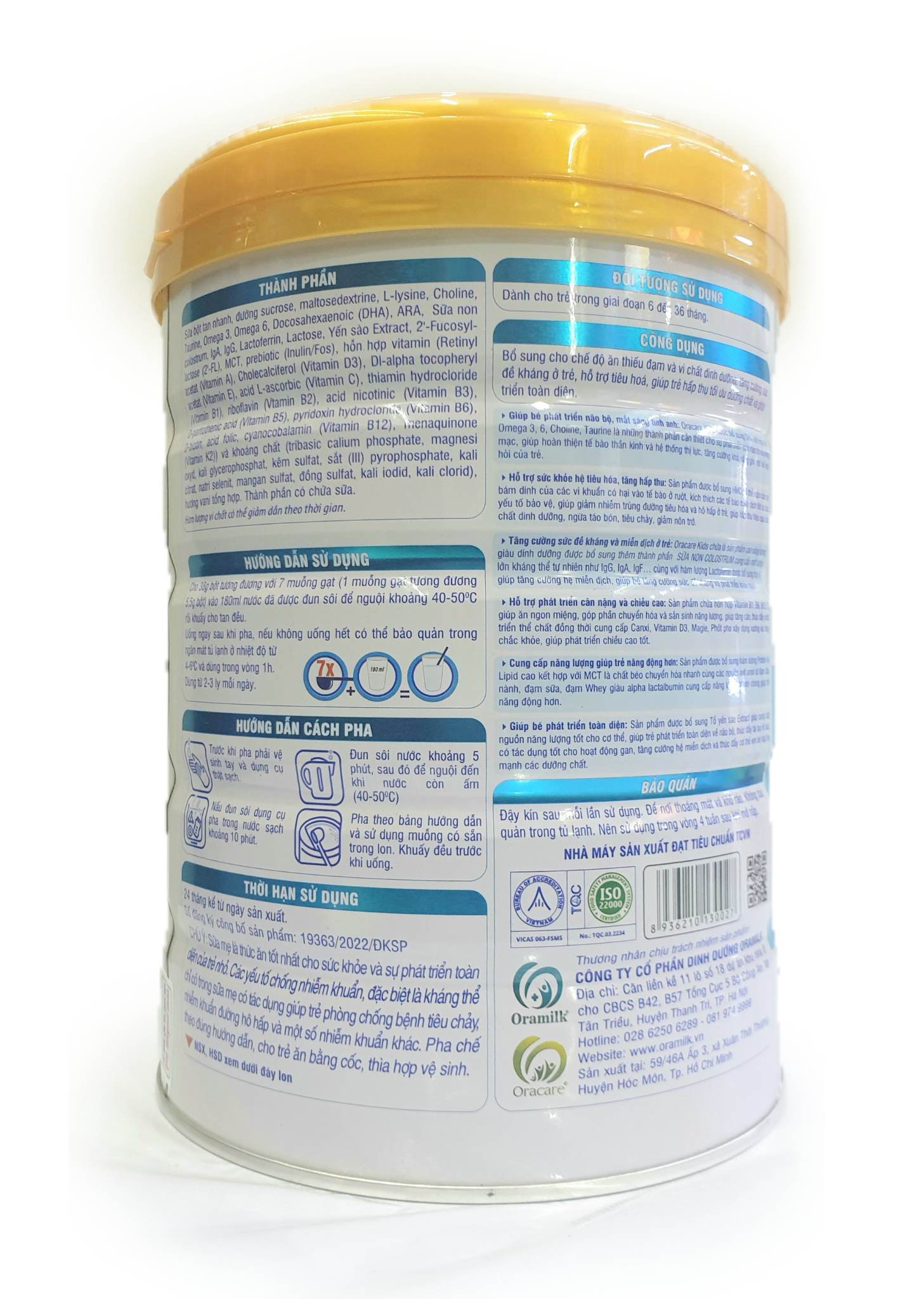 Combo 5 lon sữa OraCare Kids lon 900g - Dinh dưỡng đầy đủ và cân đối dành cho trẻ từ 6 - 36 tháng tuổi.