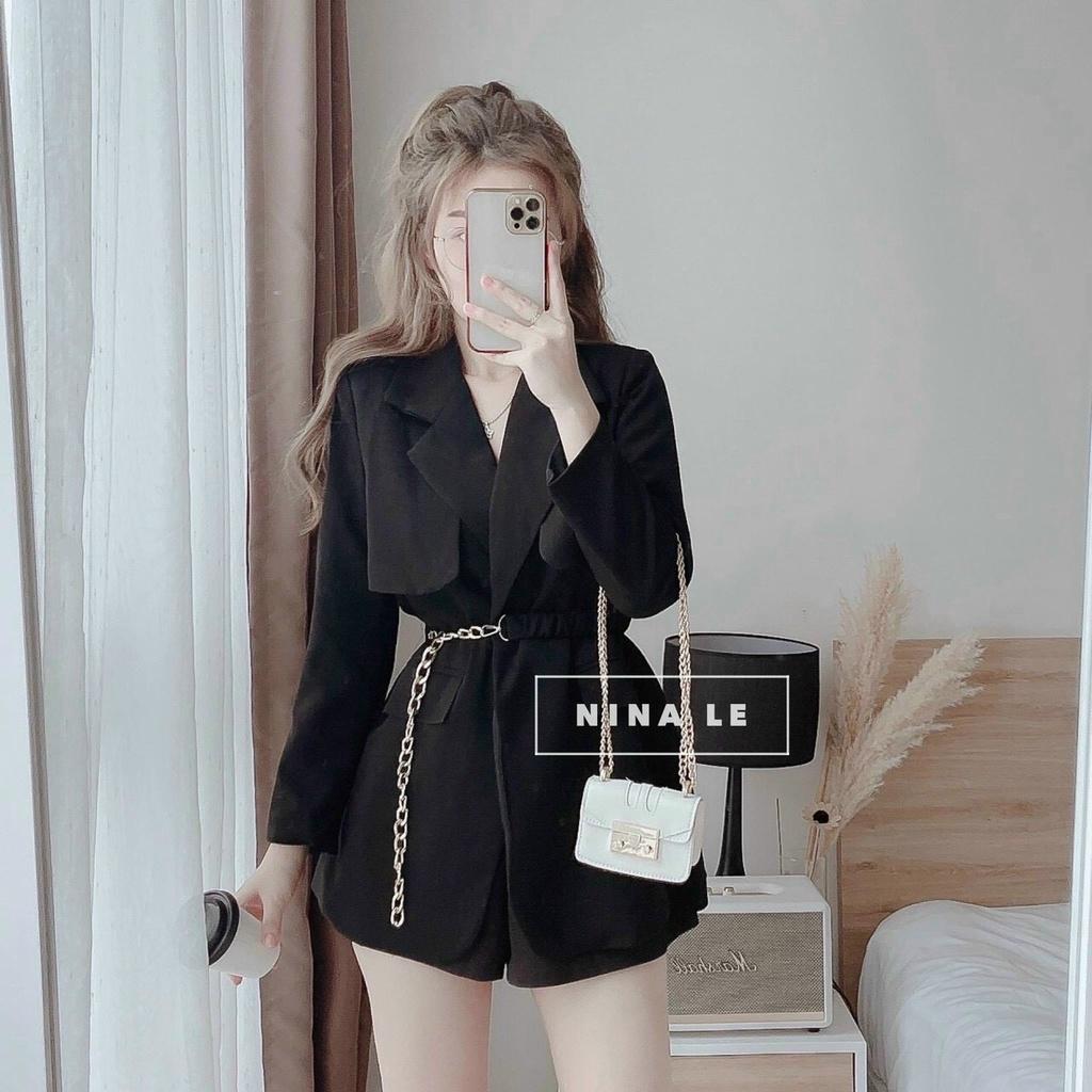 FREE SHIP Sét Bộ Đồ Nữ Áo Cổ Vest Dài Tay Có Dây Nịt Bụng Kèm Quần Short Thiết Kế Sang Chảnh KIM GIA DS