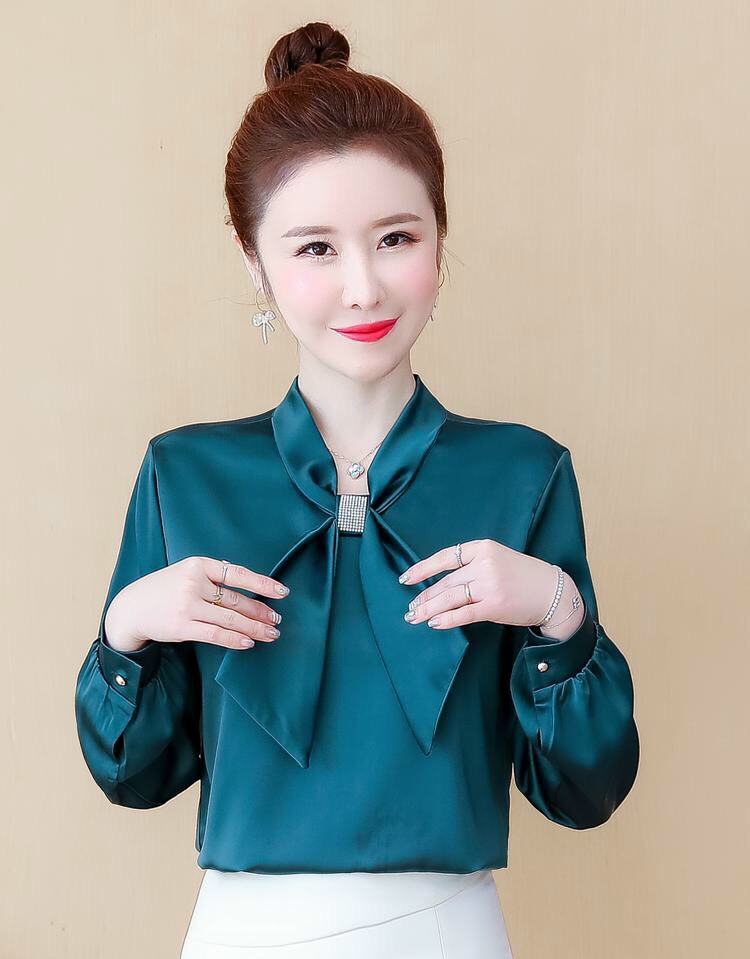 Áo Sơ Mi Phi Lụa Sang Trọng Kiểu Nơ Đính Kim Sa TP15