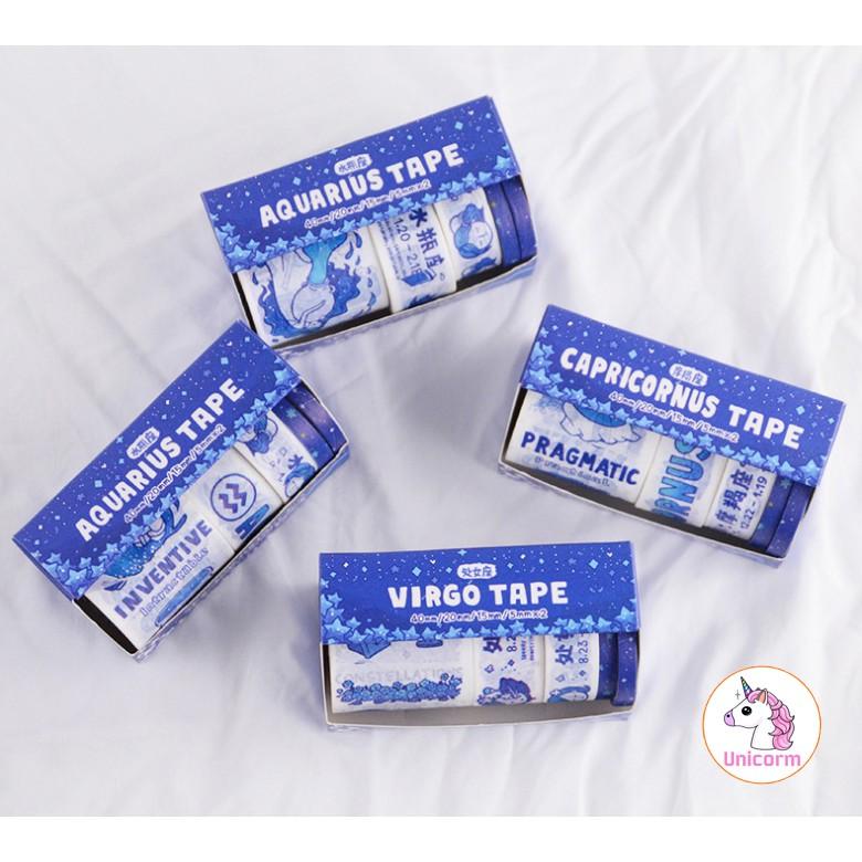 Set 5 cuộn băng dính - washi tape 12 cung hoàng đạo blue trang trí sổ