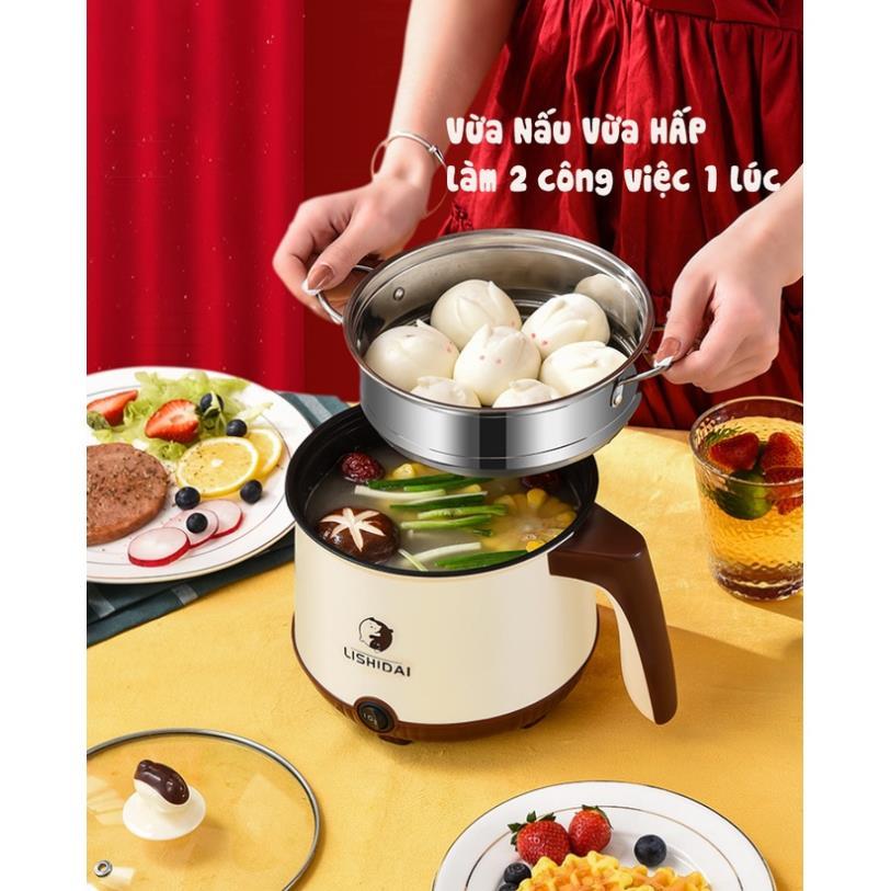 Ca nấu mì 1.8L SHANBAN đa năng có lồng hấp Inox Bếp lẩu điện nồi tráng men hấp, chiên, xào, lẩu, cháo, soup