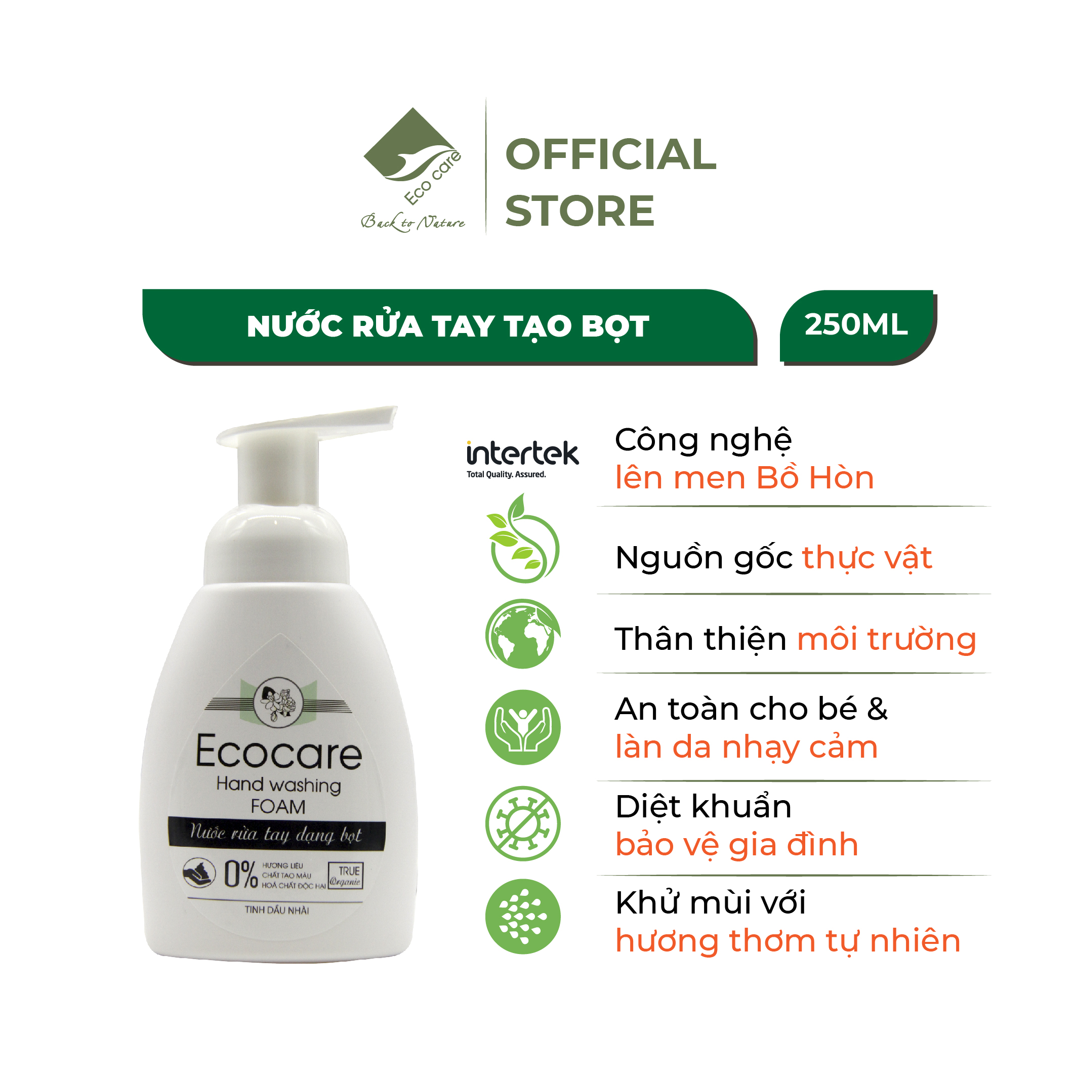 Nước rửa tay hữu cơ diệt khuẩn dạng bọt tinh dầu Nhài 250ml thương hiệu Ecocare