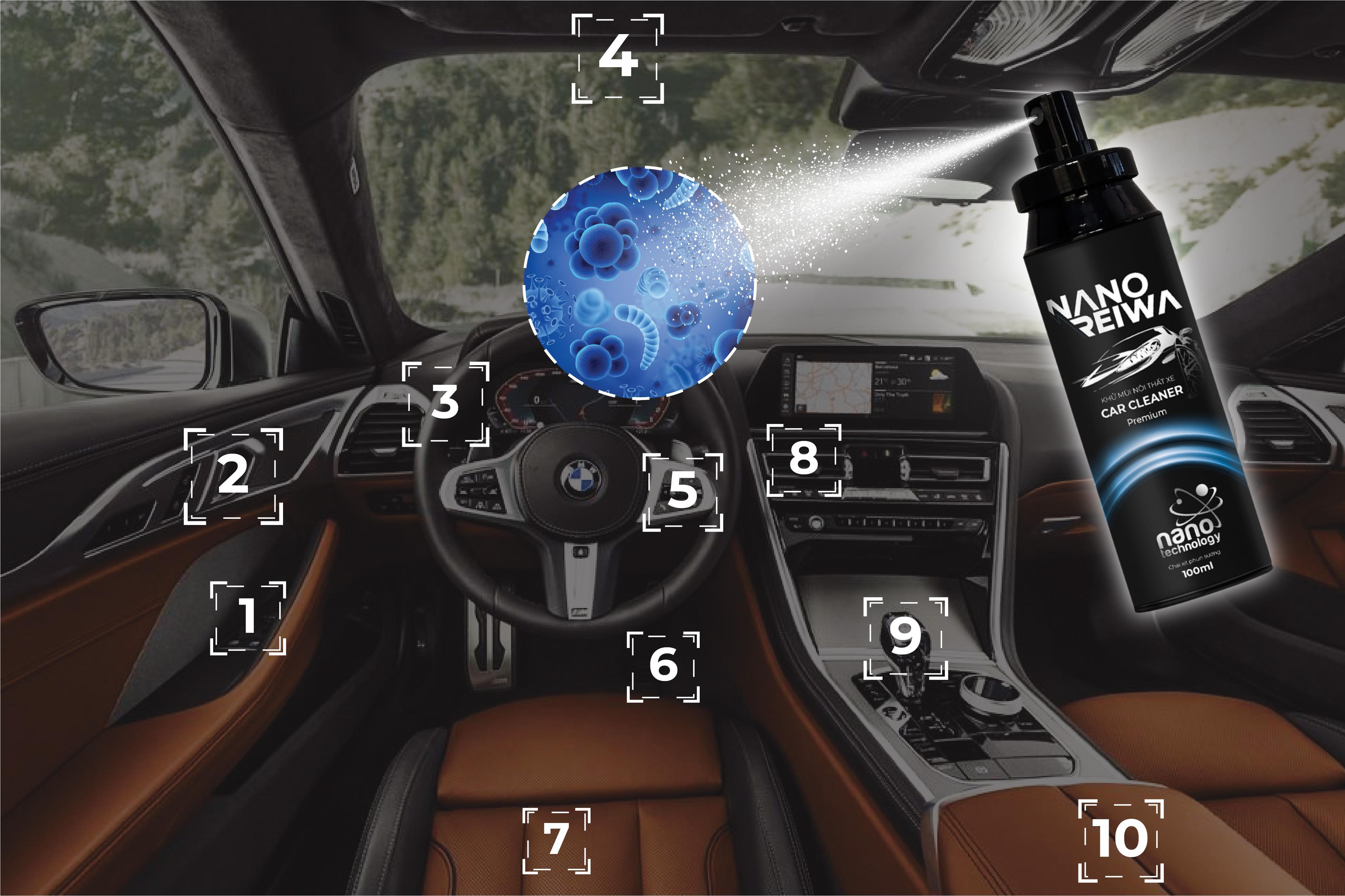 Chai xịt diệt khuẩn khử mùi ô tô xe khách bằng nano bạc Nano Reiwa 100ml không mùi, được chứng nhận viện Pasteur an toàn cho trẻ em - Hàng chính hãng